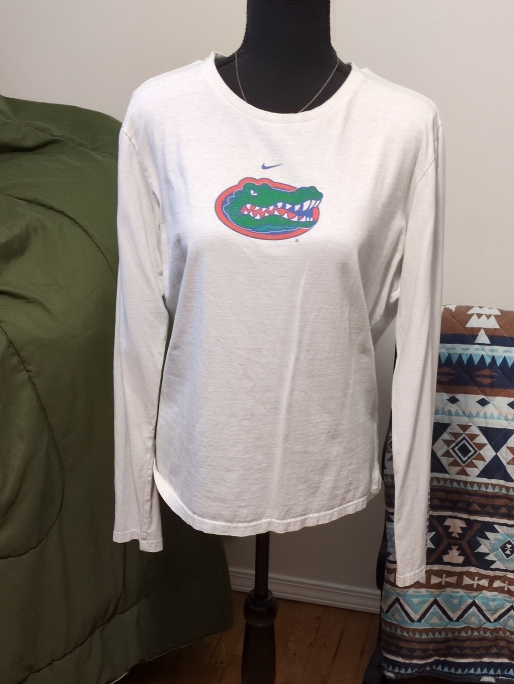 Nike White Long Sleeve Tee with Green & Orange Gator Logo